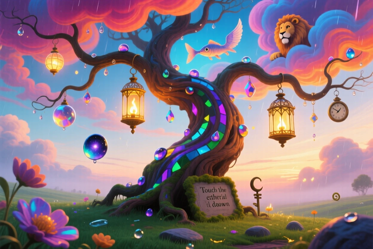 A tree whose branches end in small glowing lanterns reaches upward as if trying to touch the passing clouds, while morning dew clings like small scattered jewels.
