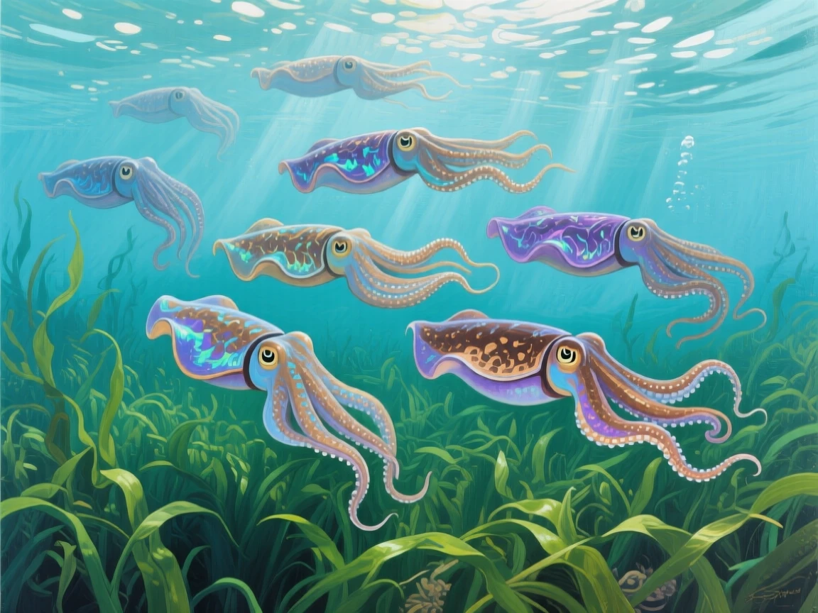 A group of cuttlefish hover in formation over a seagrass bed, their skin rippling with shifting patterns of color as they communicate silently, the scene suggesting a fleeting, candid moment rather than a posed encounter.