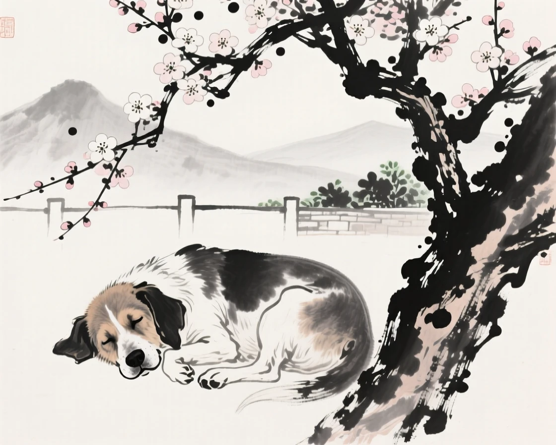 An old dog lies peacefully beneath a blossoming tree, with mountains visible faintly beyond the garden wall.