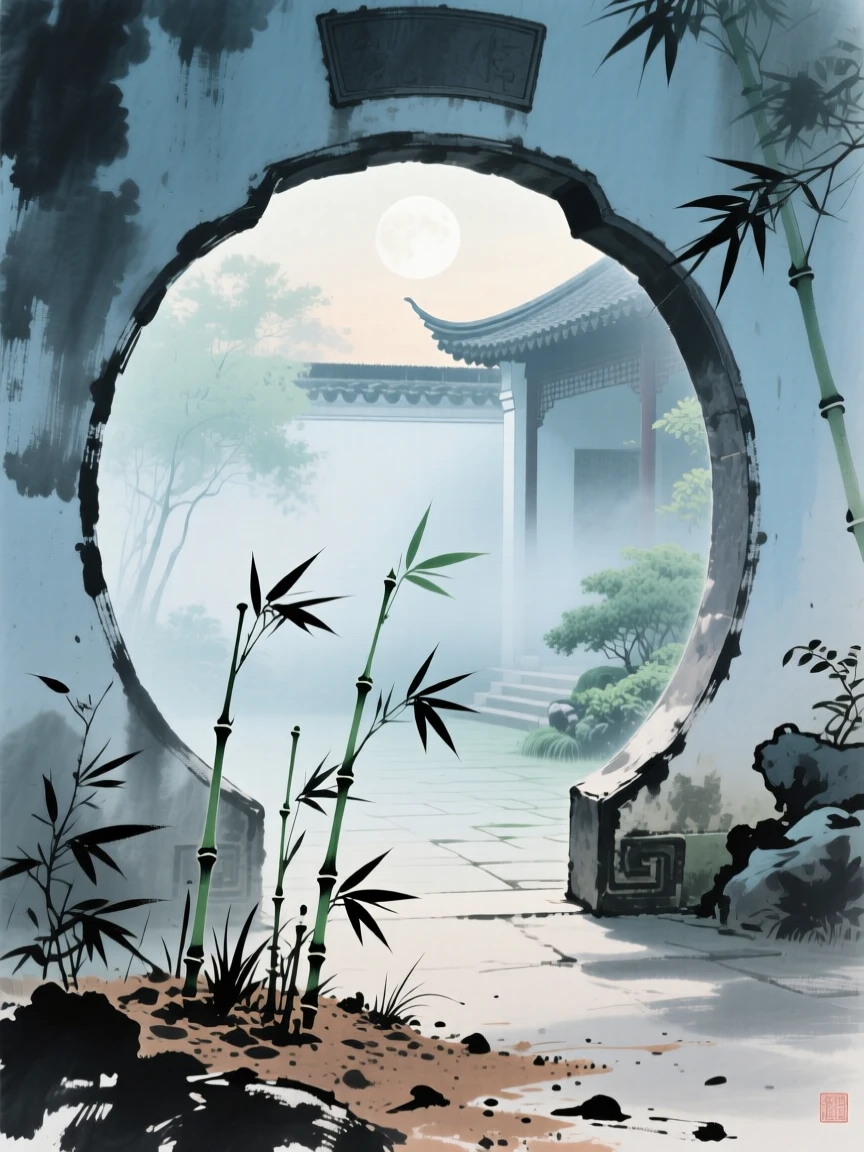 A moon gate opening onto a hidden garden courtyard, as morning mist begins to lift, as new bamboo shoots break through the soil.