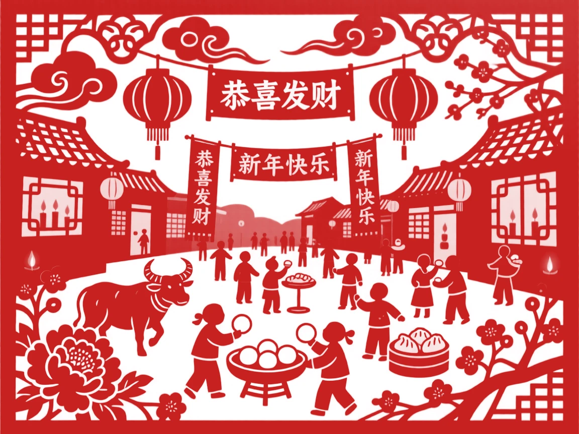 A scene of a village square decorated for the new year, crowded with cheerful visitors sampling festival treats, with the glow of candlelight reflected in every window.