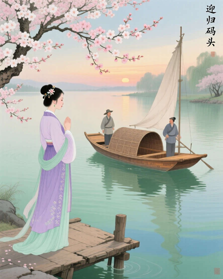 A wife waiting at a dock for her husband's fishing boat to return home, beneath a canopy of blossoming trees