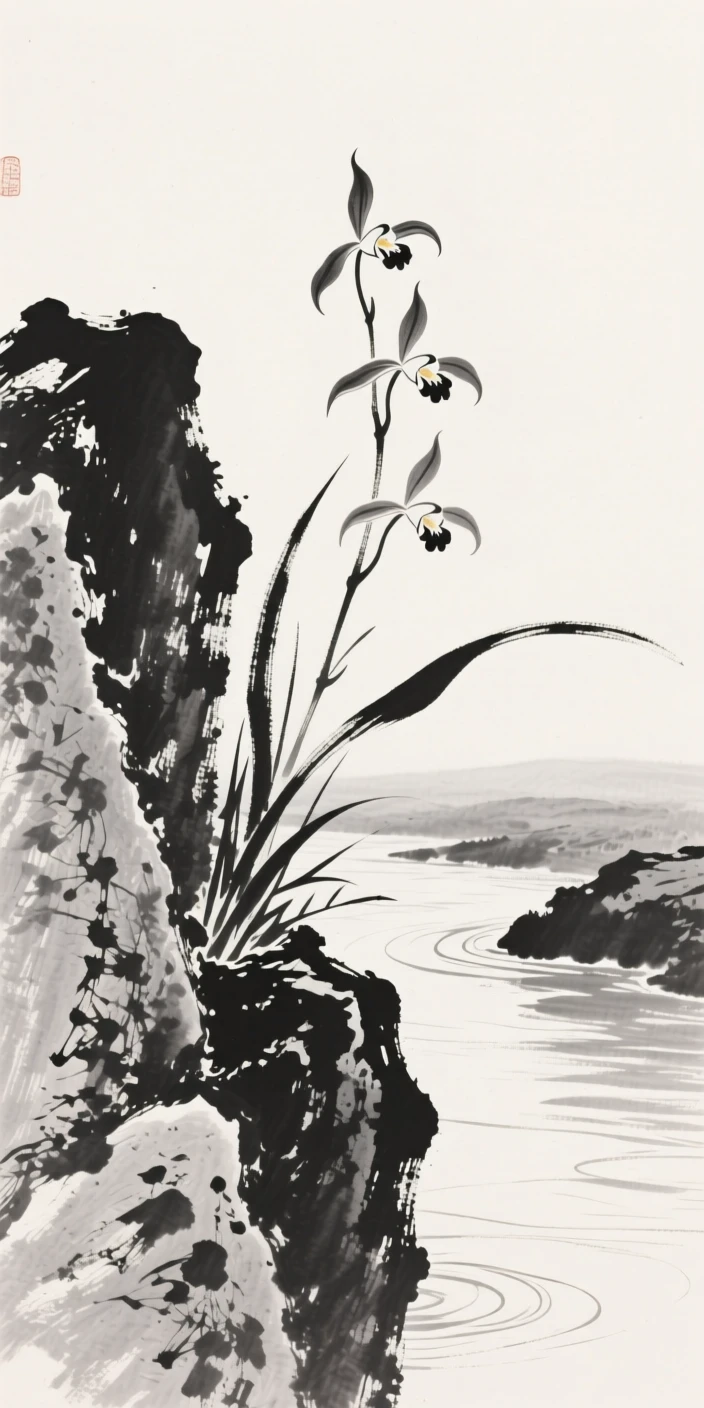 A wild orchid growing from a rock crevice along the bank of a slow-moving stream, rendered in close, intimate detail, celebrating the fleeting beauty of the season.