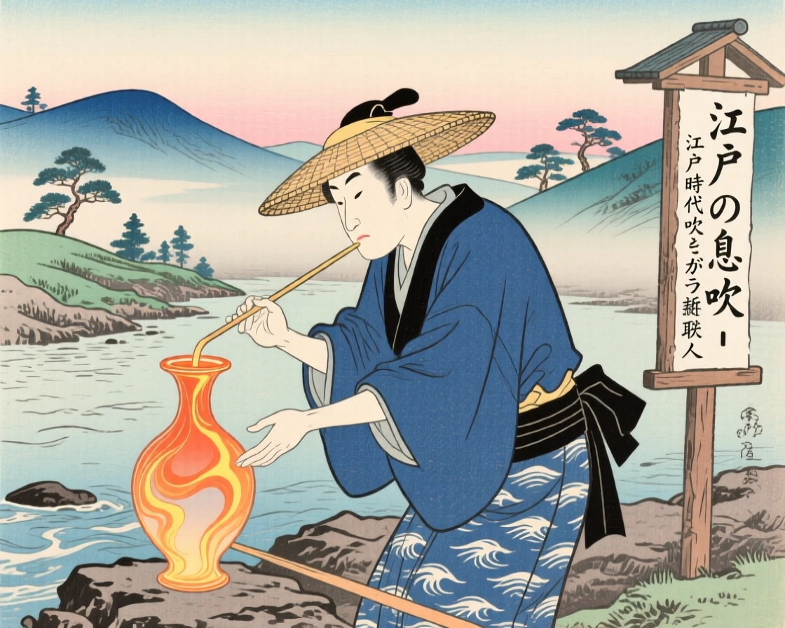 A fisherman shaping molten glass into a vase.