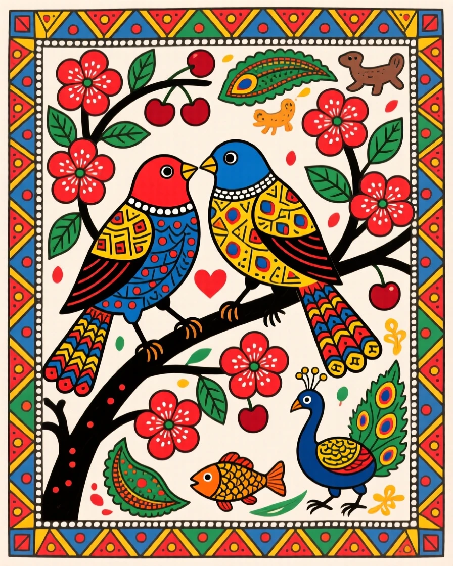 A pair of lovebirds perched together on a blossoming cherry branch.