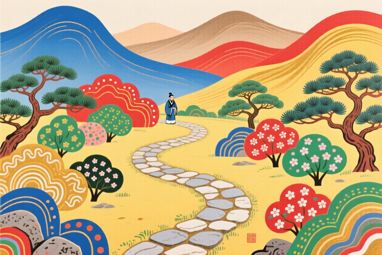A scholar's garden with winding paths and rock gardens nestled among distant mountains.