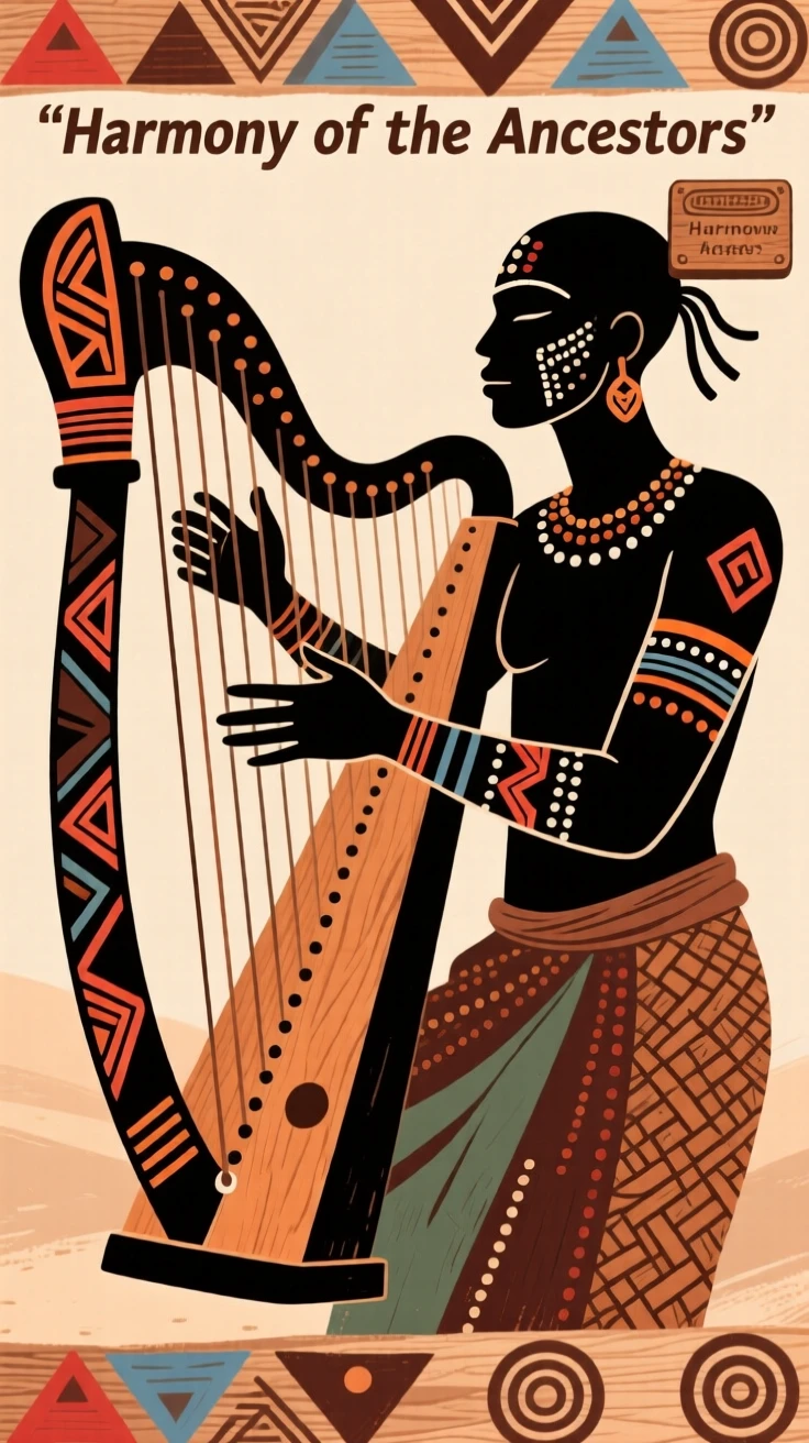 A musician plucking the strings of a traditional harp.