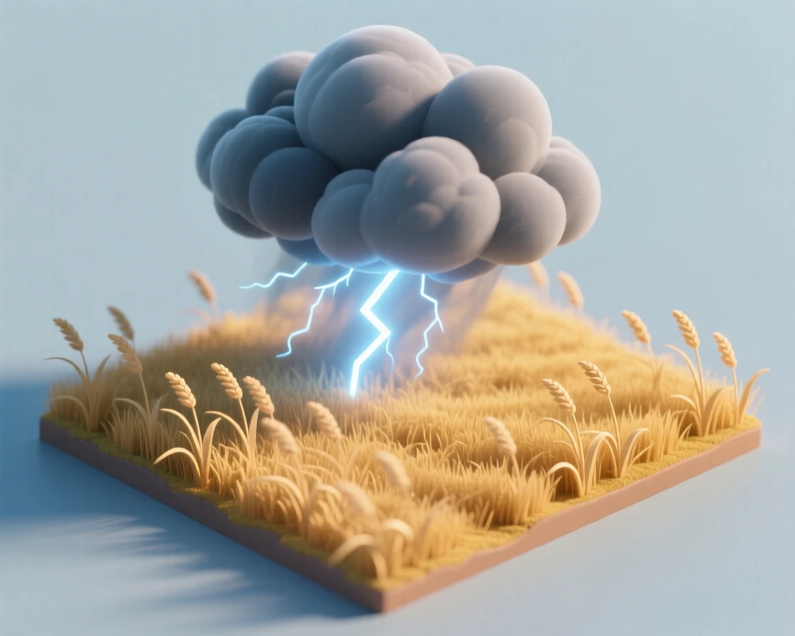 A dramatic thundercloud gathering over a golden prairie, lightning flickering in the distance, and tall grass bending in the approaching wind.