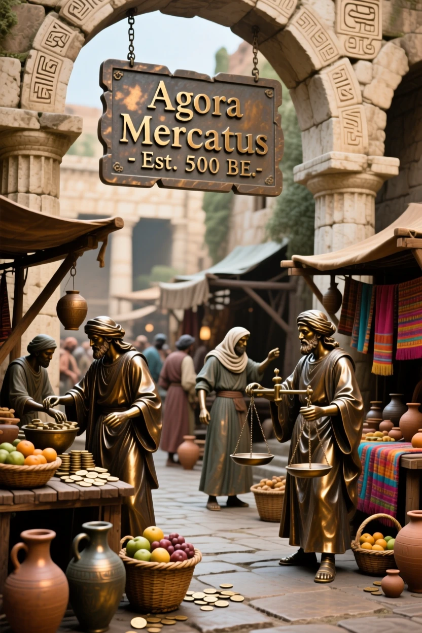 An ancient marketplace bustling with merchants and traders, with a strong sense of narrative and history, evoking legend and timeless drama