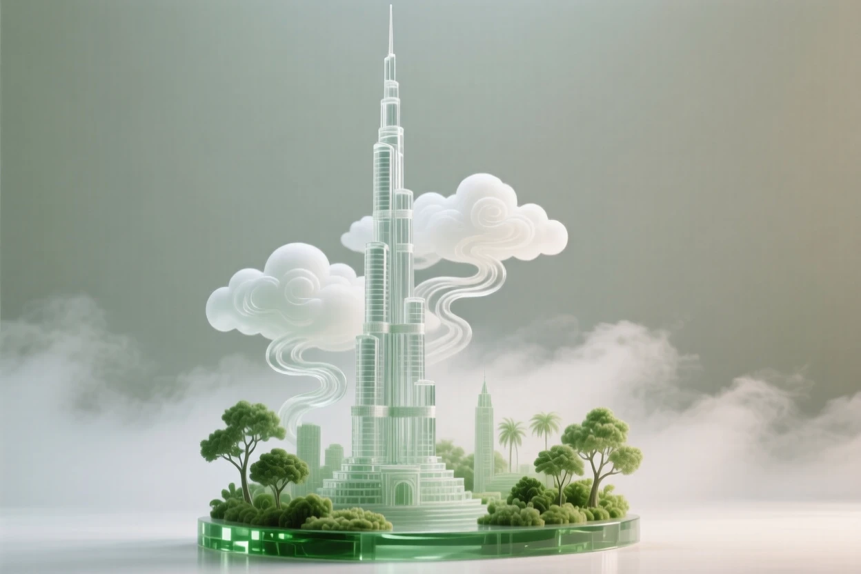 The Burj Khalifa piercing through clouds surrounded by lush greenery and soft morning mist, wide establishing composition, feeling serene and majestic.