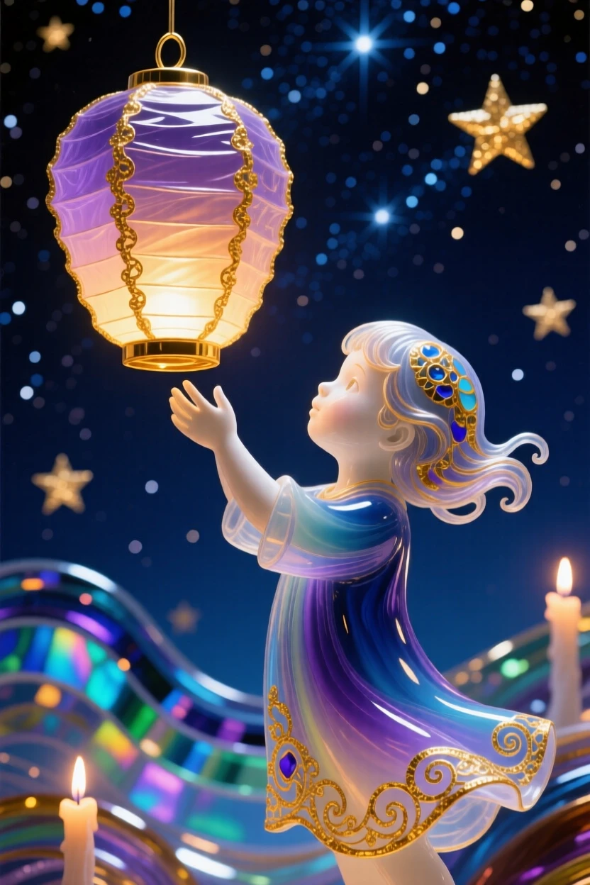A child releasing a paper lantern into a starry night sky, hopeful and magical.
