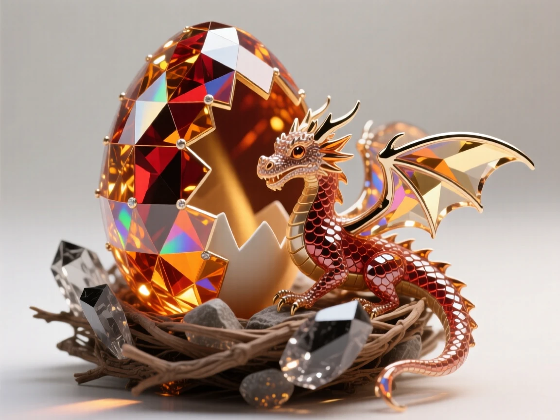 A dragon egg hatching in a nest lit by shafts of golden cave light.