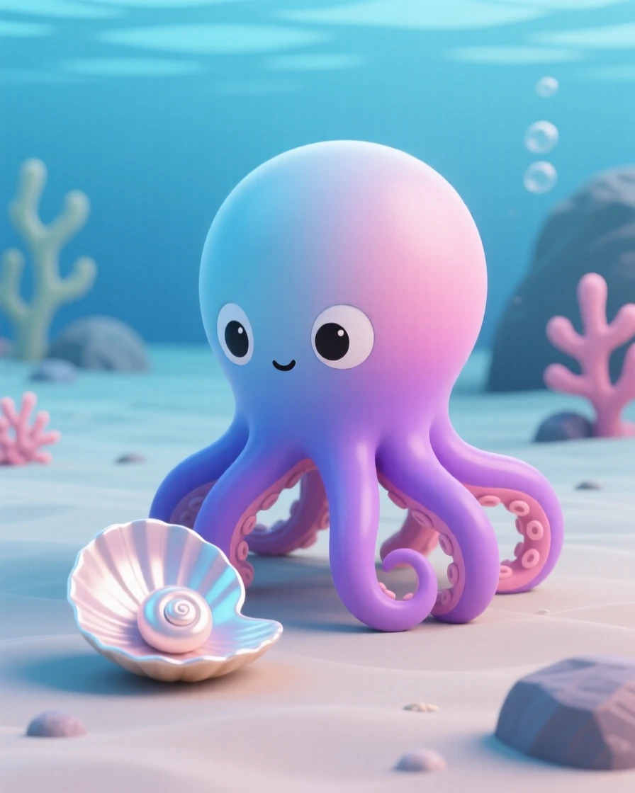 A curious octopus changes colors as it curiously investigates a shiny seashell on the ocean floor.