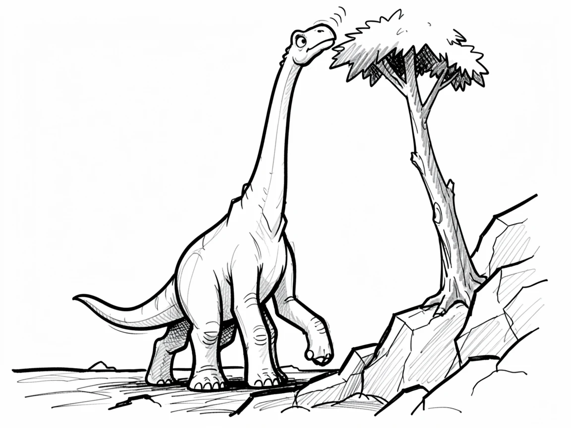 A towering brachiosaurus reaching a treetop on a rocky prehistoric coastline.