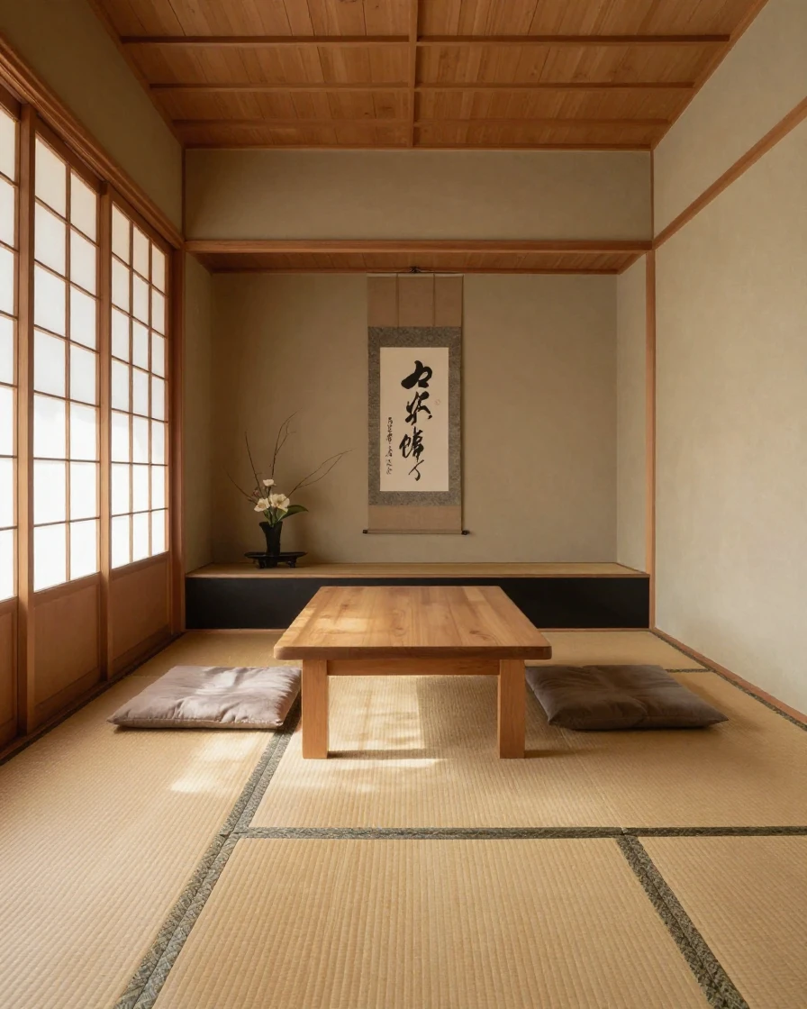 A minimalist Japanese ryokan room with tatami mats