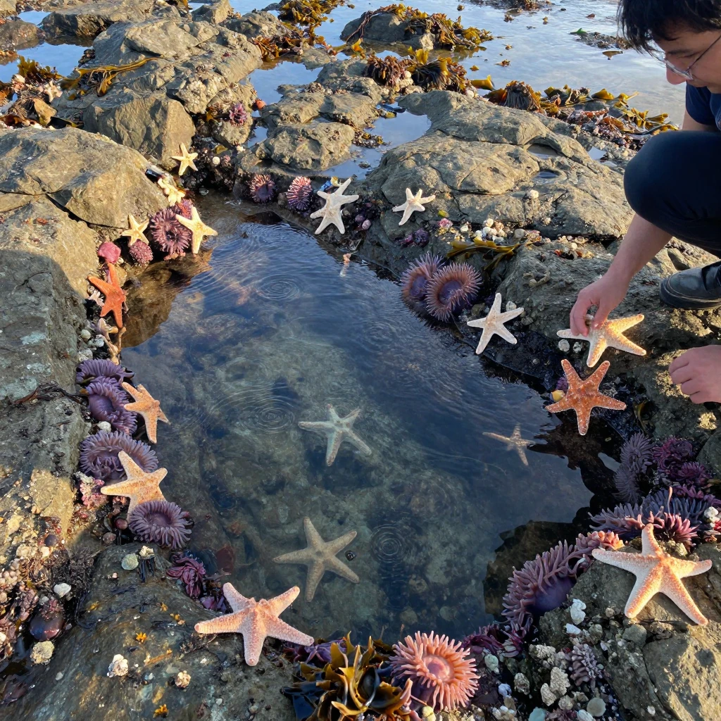 A tide pool teems with starfish and anemones along a rocky coastline at low tide.