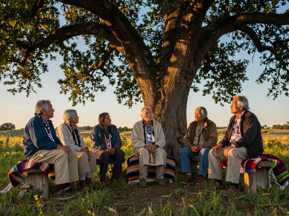 A gathering of Native American elders resting beneath the shade of an old oak tree