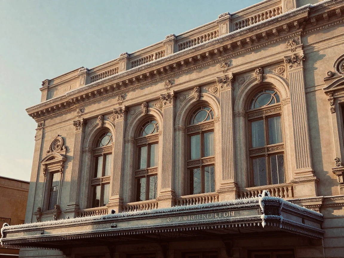 A grand old opera house facade glowing in evening light, under a pale winter sky, with frost coating every surface, in the height of summer, with muted olive and rust colors, in a tight close-up.