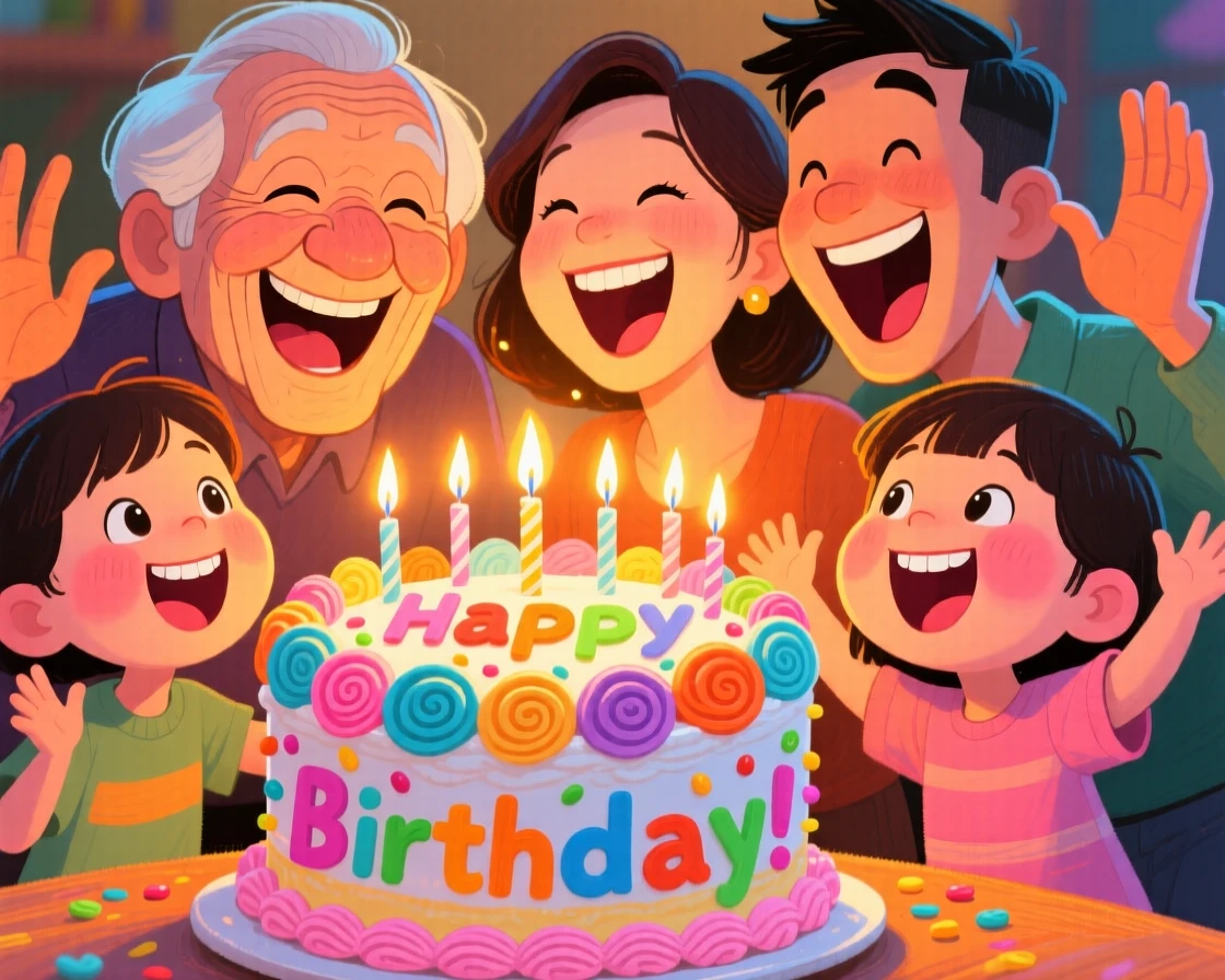 A family gathered around a birthday cake, singing with candlelight flickering on their faces.