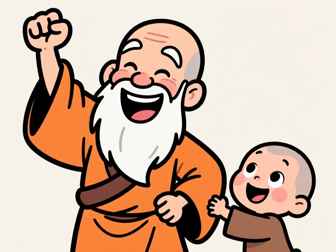 A charming portrait of a wise old monk, grinning ear to ear while striking a triumphant pose, with a small child tugging at their sleeve.