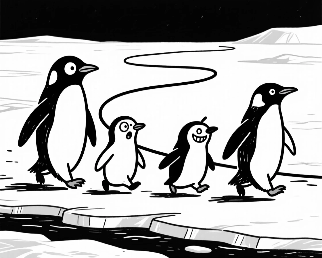 A family of penguins waddling together across an icy Antarctic shore.