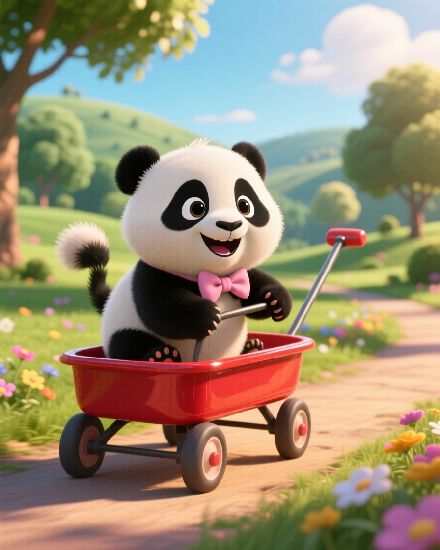 A baby panda cub is riding in a small red wagon, wagging its tail happily. Innocent curiosity shines through the moment, with a tiny bow tied around its neck.