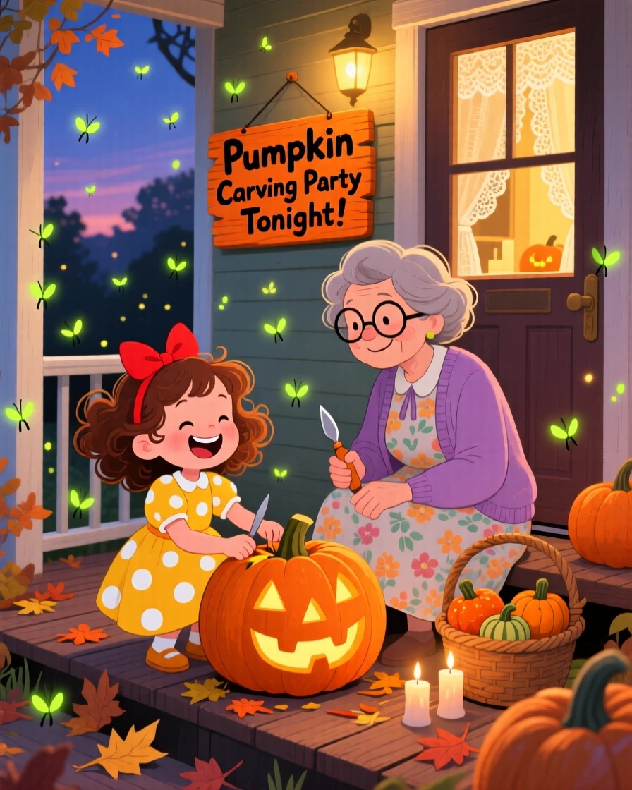 A girl in a polka-dot dress laughs while carving a jack-o'-lantern on the porch together with her favorite aunt, as fireflies begin to twinkle.