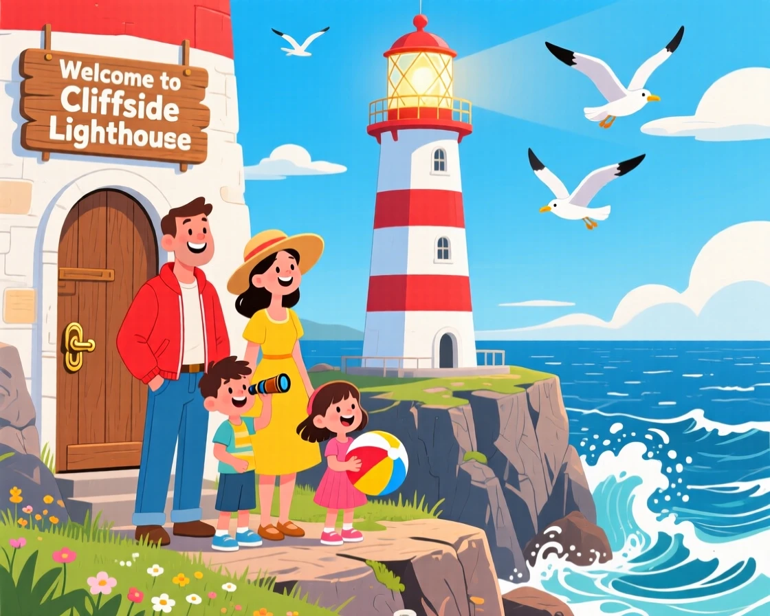 A family visiting a lighthouse on a rugged coastal cliff.