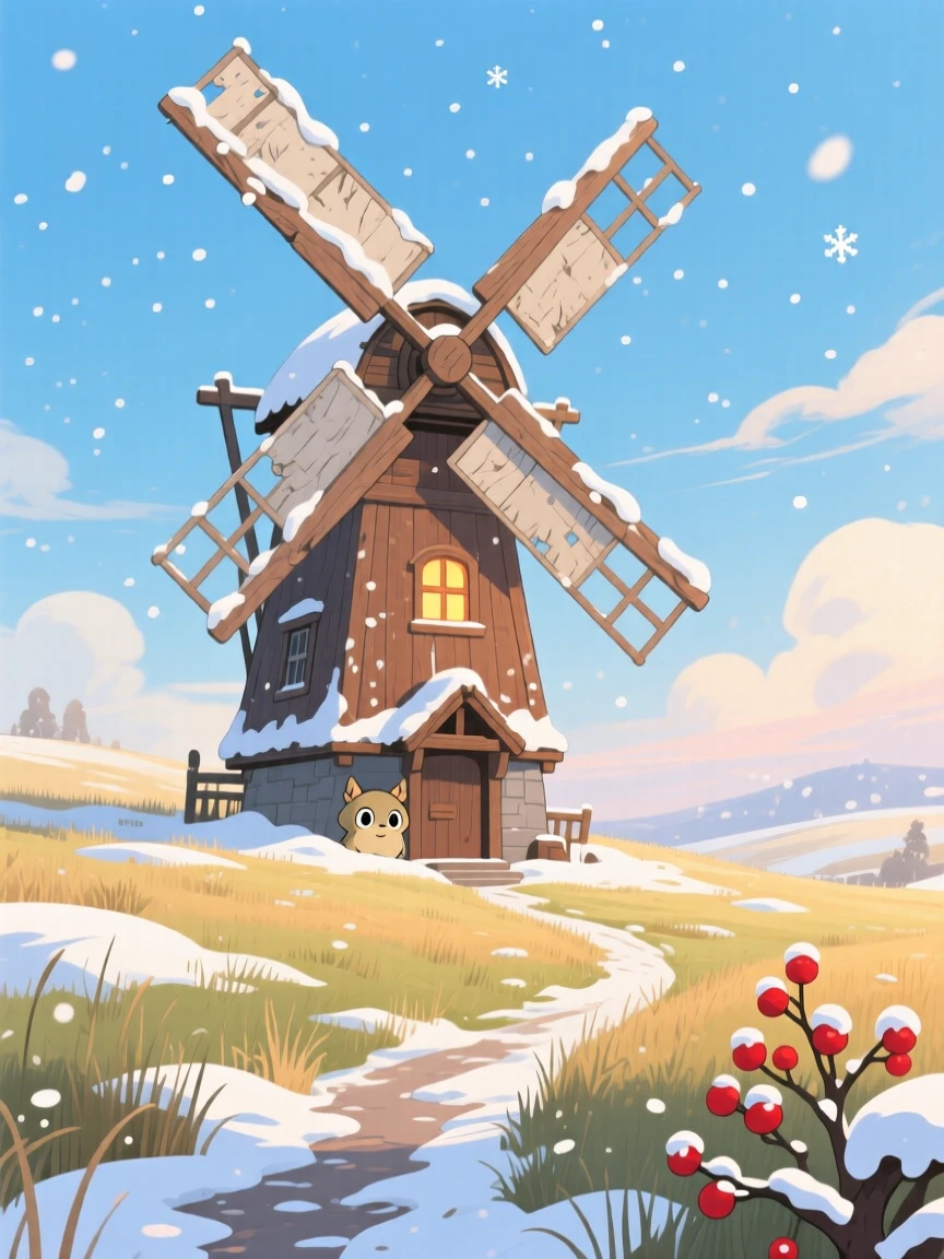 A charming view of a windmill standing alone against a wide open sky, dusted lightly with fresh snow.