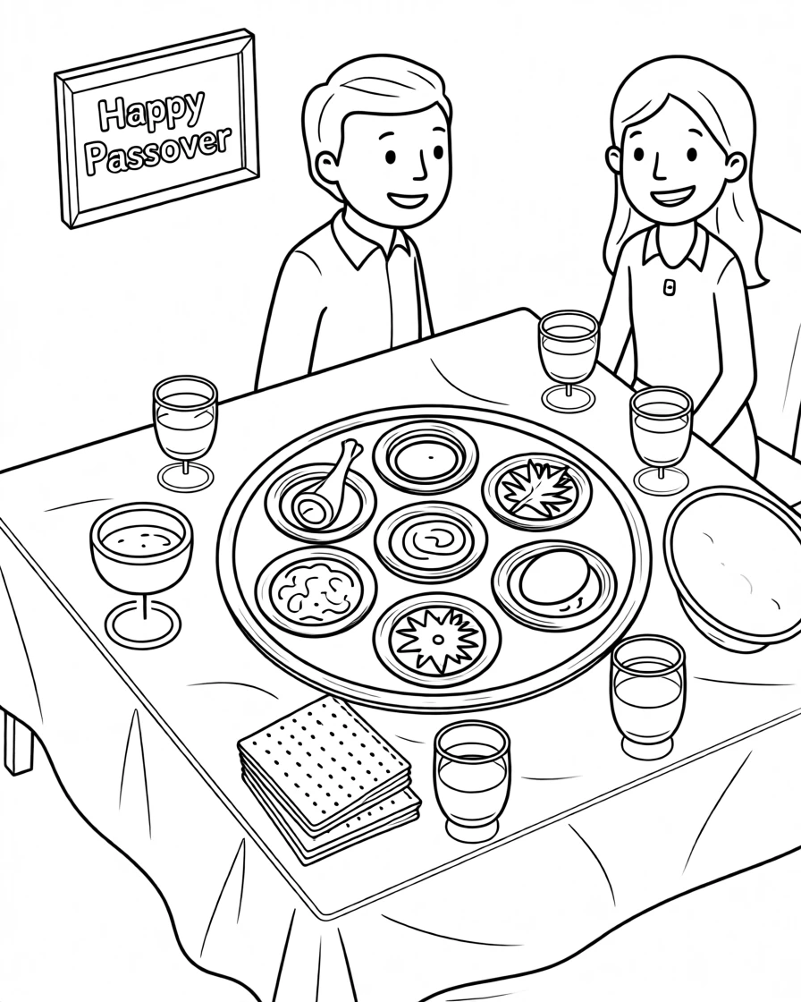 A Passover seder table set with traditional foods