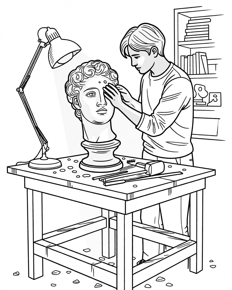 A sculptor chiseling detail into a marble bust, with warm light spilling across the workspace.