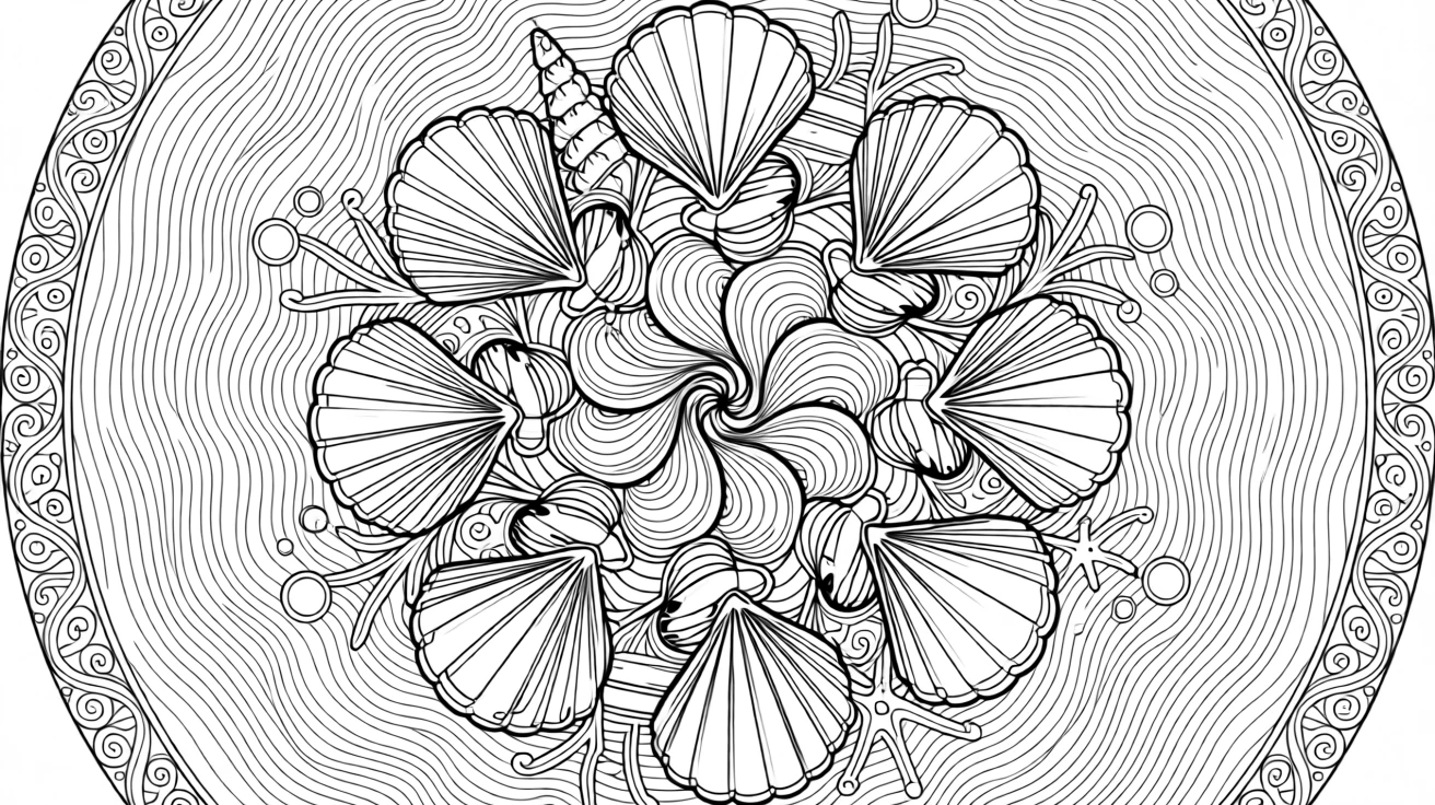 A mandala composed of overlapping seashells in a spiral formation.