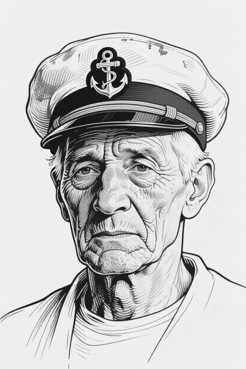 A portrait of an old sailor with a weathered captain's hat