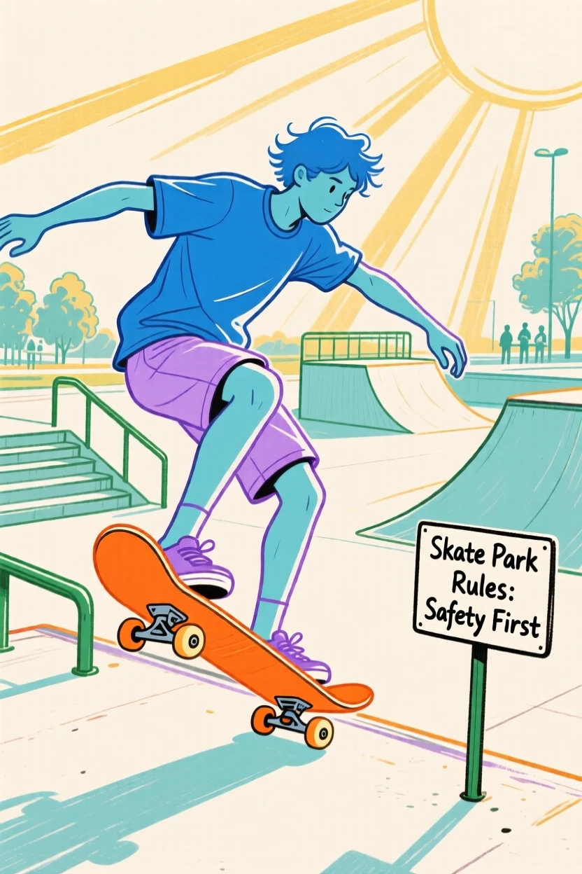 A skateboarder practicing tricks in a sunlit skate park.