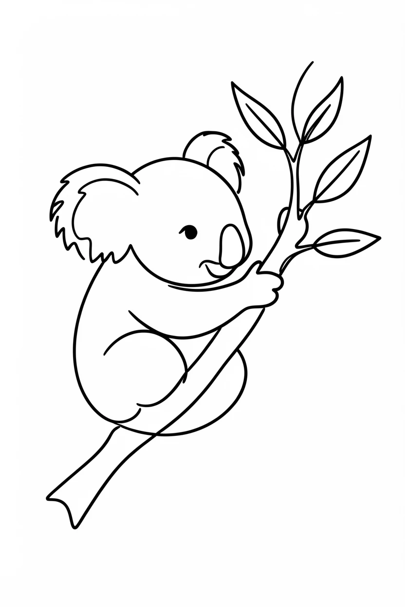A koala clinging to a eucalyptus branch, nibbling on a cluster of leaves