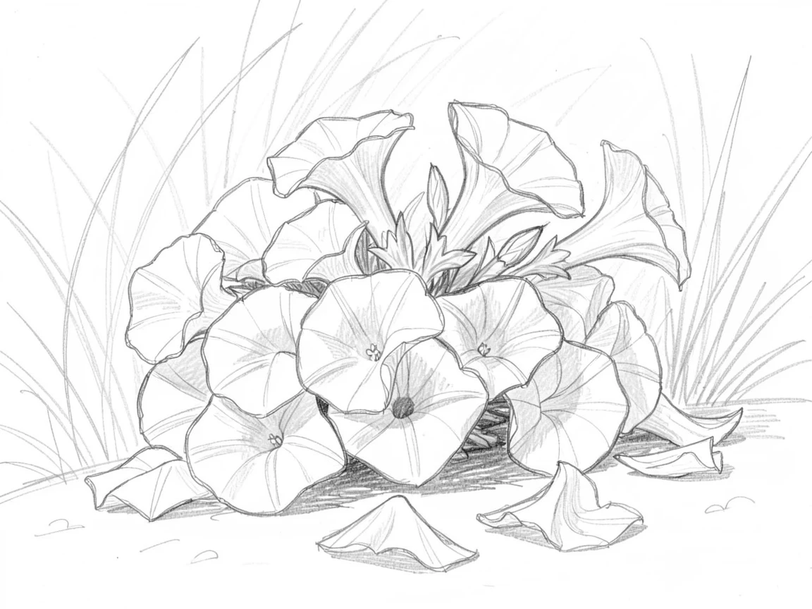 A bundle of morning glories in a sunlit garden, surrounded by scattered petals.