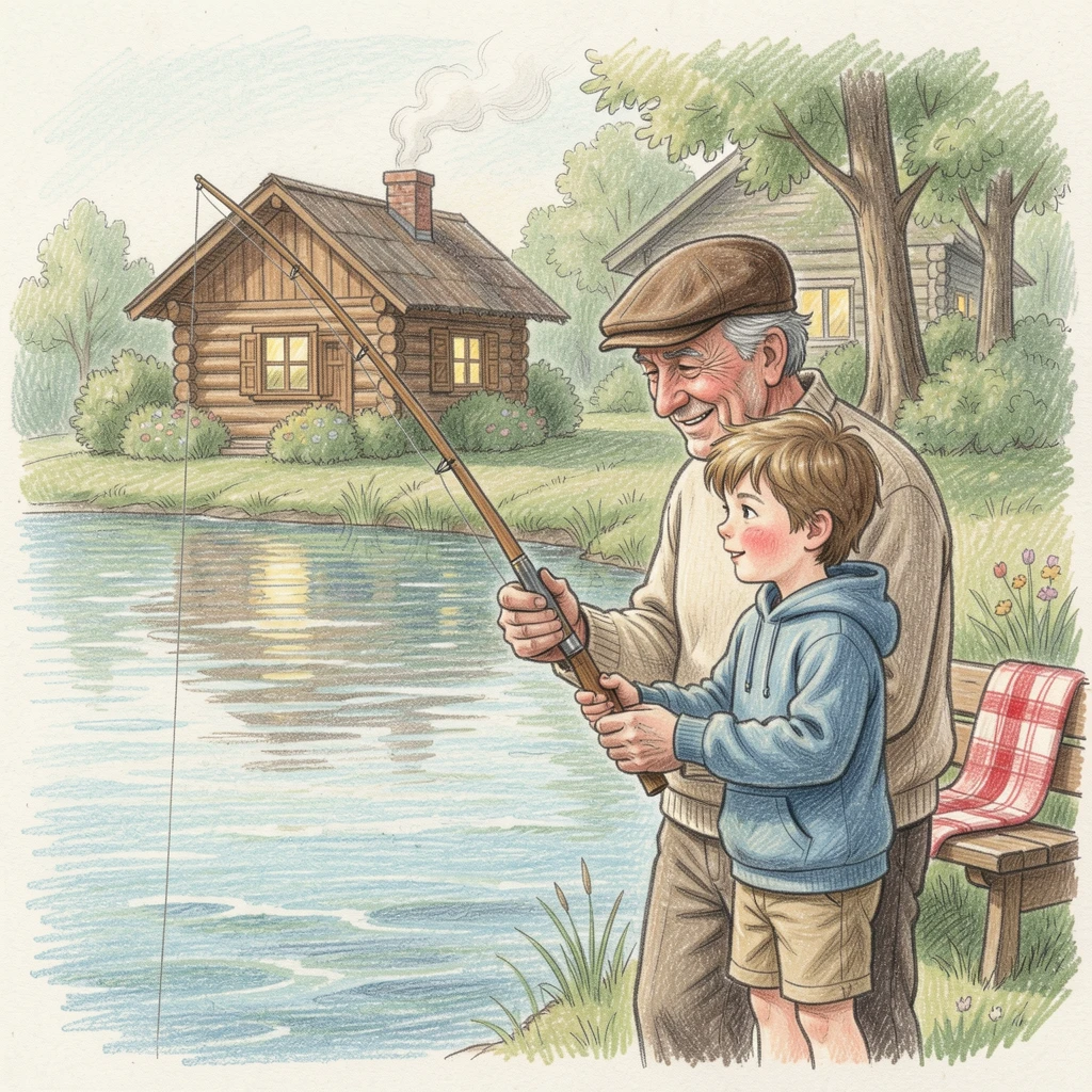 A grandfather teaching his grandson to fish at a quiet lake, surrounded by a cozy, loving home environment, full of tenderness, love, and quiet happiness.