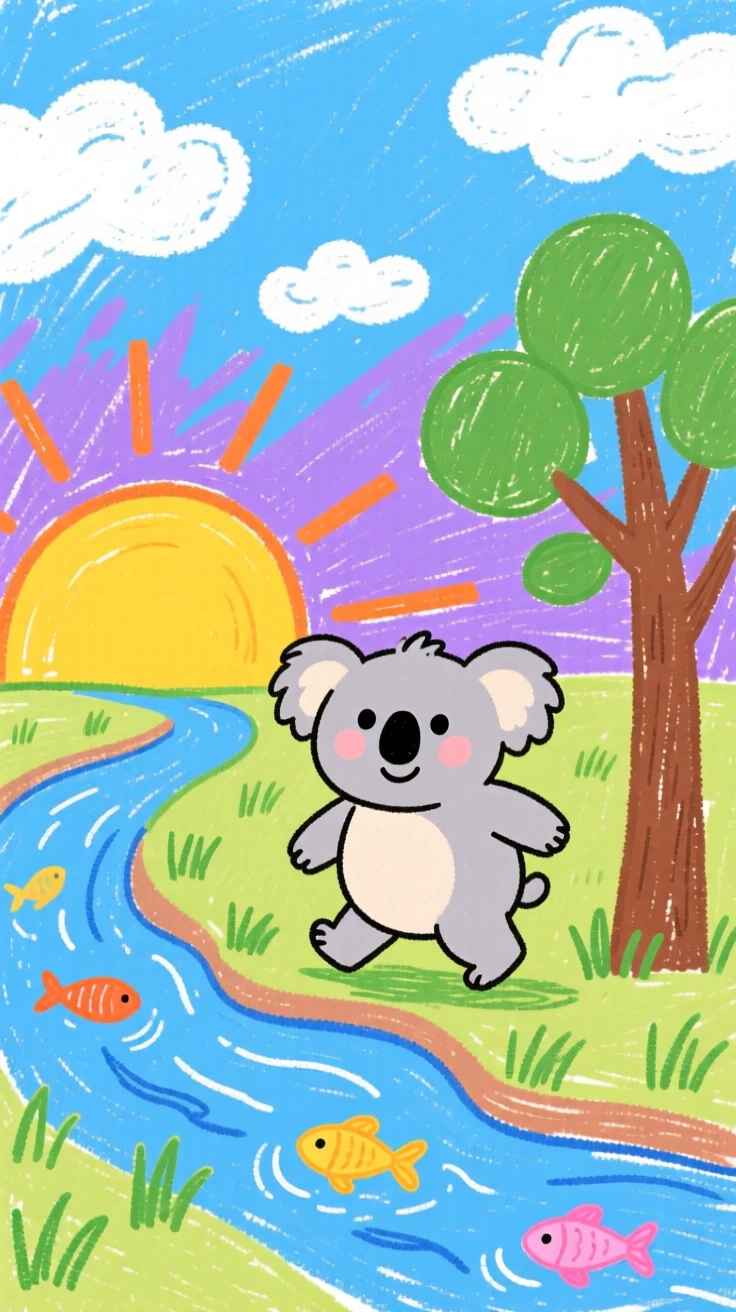 A plump koala joey waddling along a riverbank at sunrise.