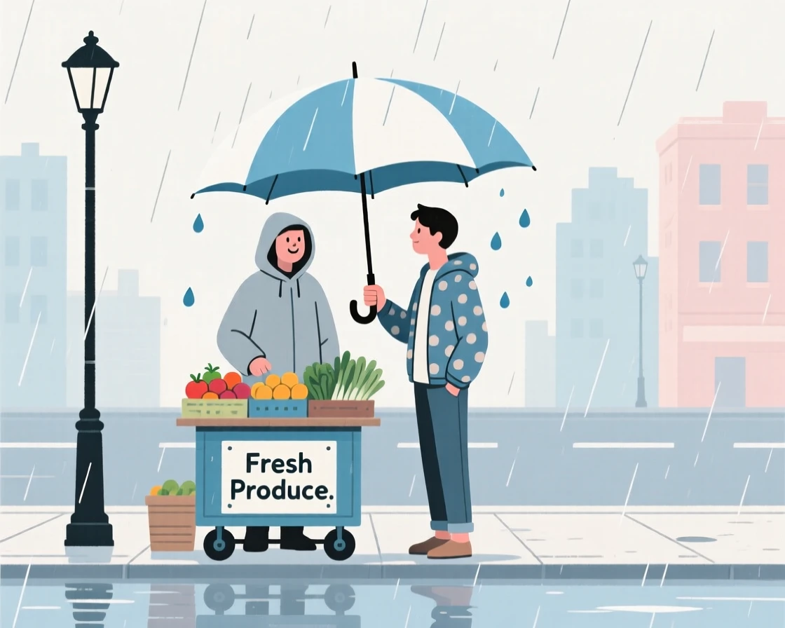 A street vendor sharing an umbrella in the rain on a quiet weekday morning in the city.