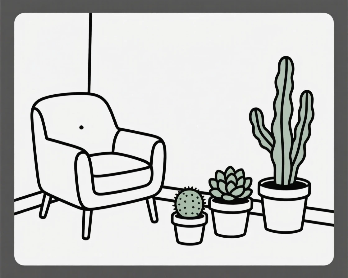 A tidy living room armchair arranged near potted succulents in a plant-filled apartment, expressing gentle routine.