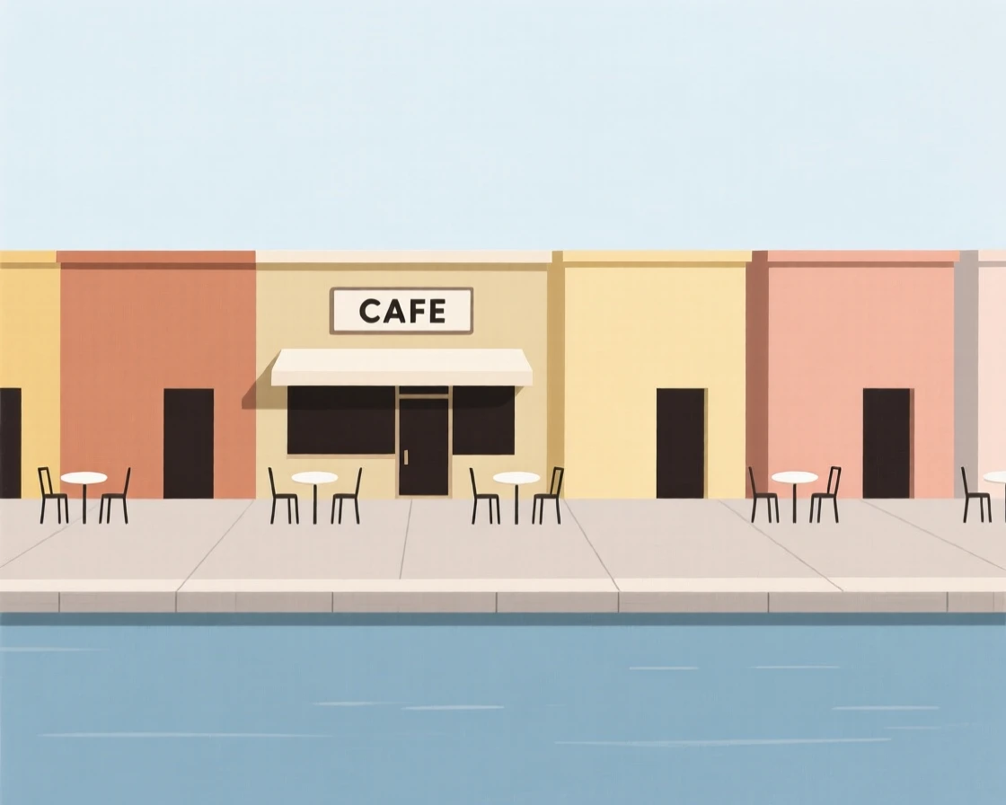 A riverside promenade lined with cafes