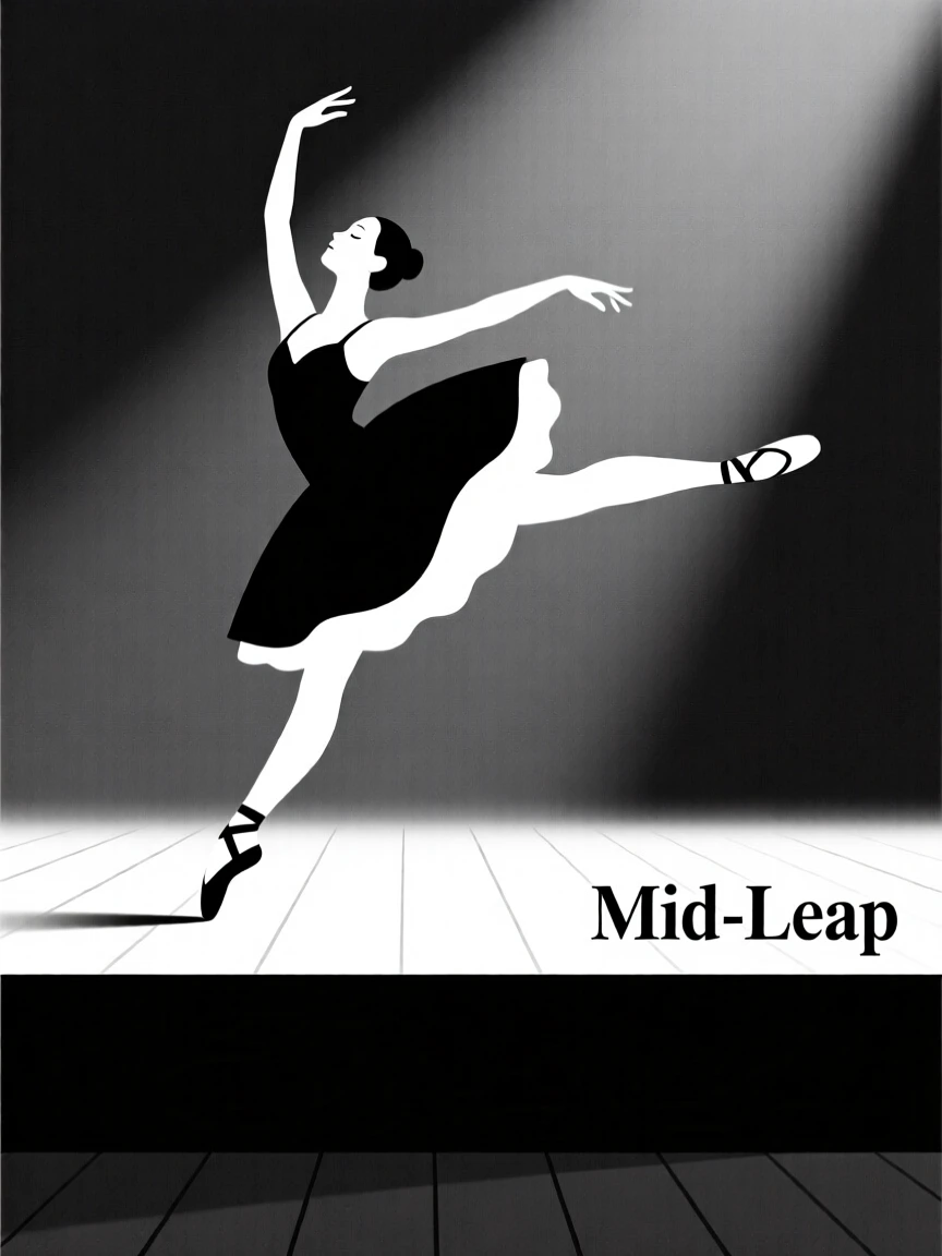 A ballet dancer captured mid-leap on stage.