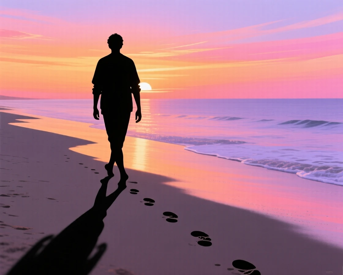 A lone figure walking along an empty beach at sunrise, footprints trailing behind.