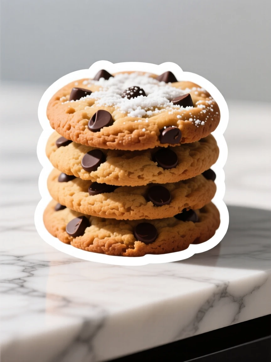 A delightfully sweet stack of chocolate chip cookies fresh from the oven, topped with a dusting of powdered sugar, on a marble countertop with soft shadows.