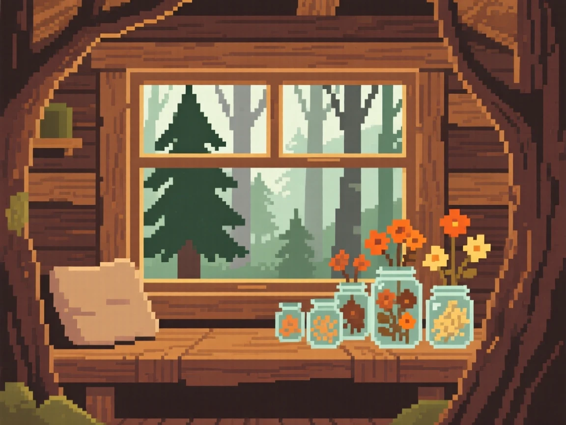 A window seat decorated with dried flowers in glass jars, in a treehouse overlooking a quiet forest.