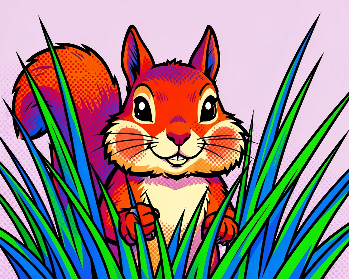 A squirrel with puffed cheeks peeking curiously from behind tall grass