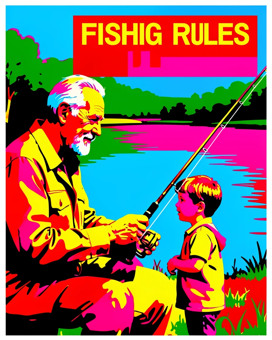 Grandfather teaching a child to fish by a lake