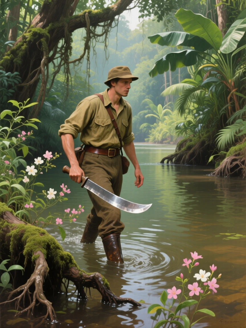 A panoramic view of an explorer wading through a dense jungle river with a machete in hand, as spring blossoms open, in the mid-20th century.