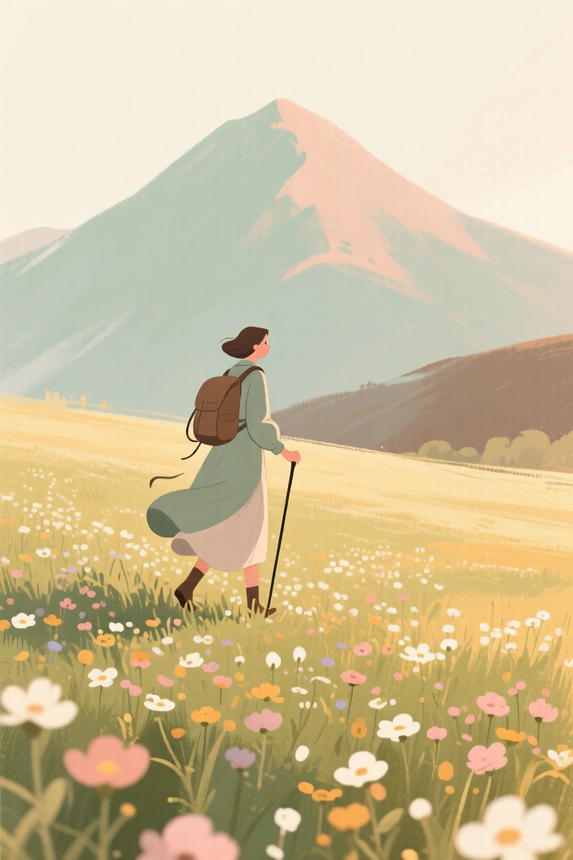 A hiker crossing a field of wildflowers toward a distant summit