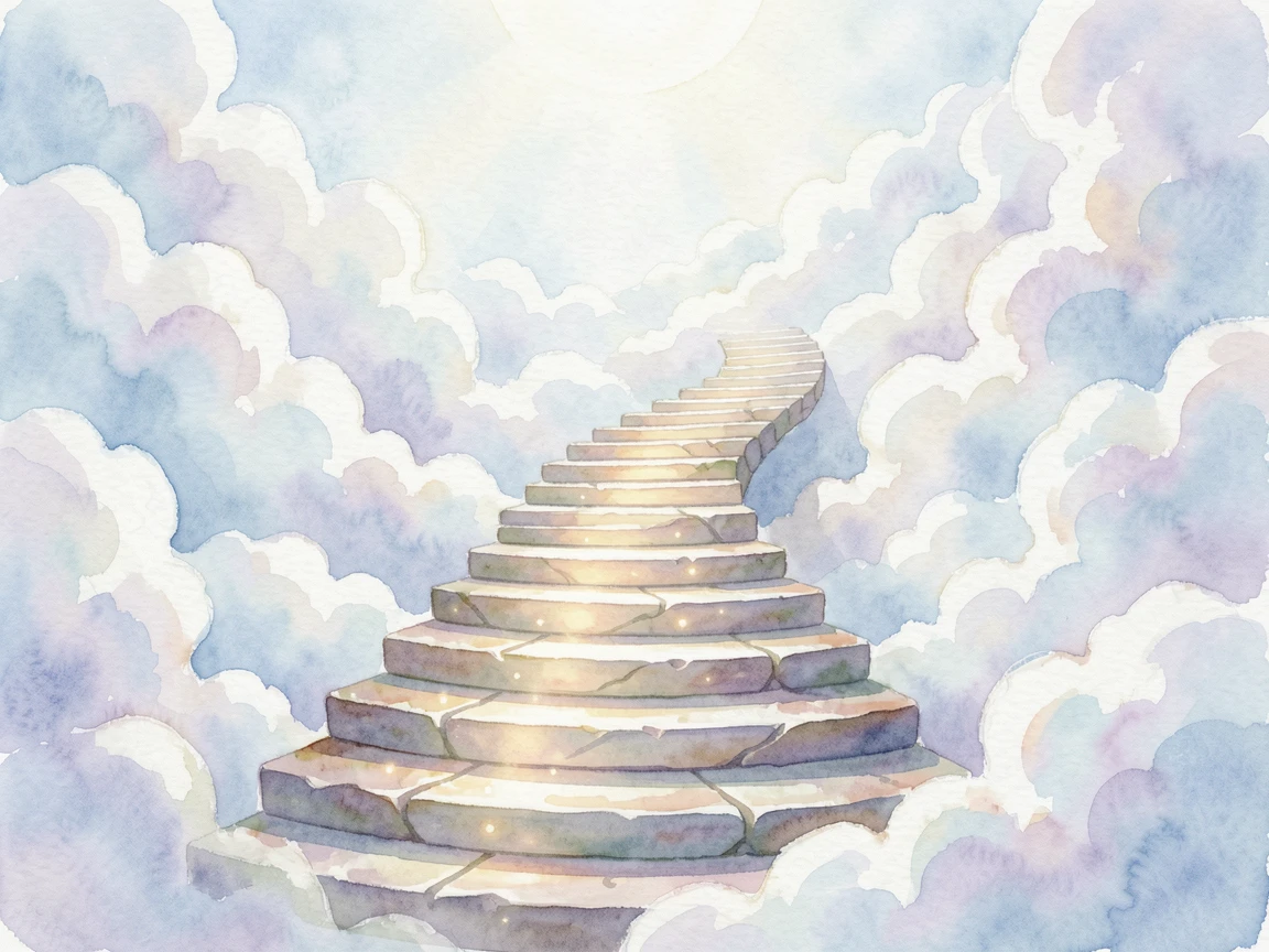 A celestial staircase leading up into the clouds with a gentle magical glow illuminating the scene.